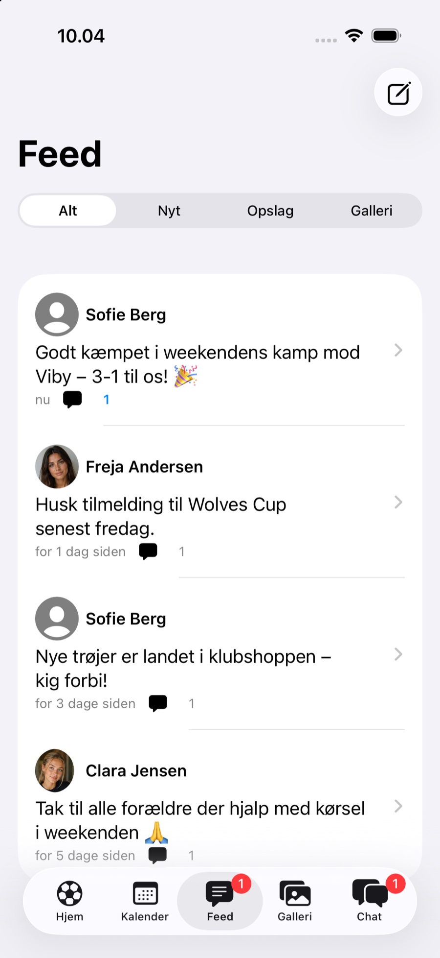 Feed-fanen i Grupy med opslag fra klubben